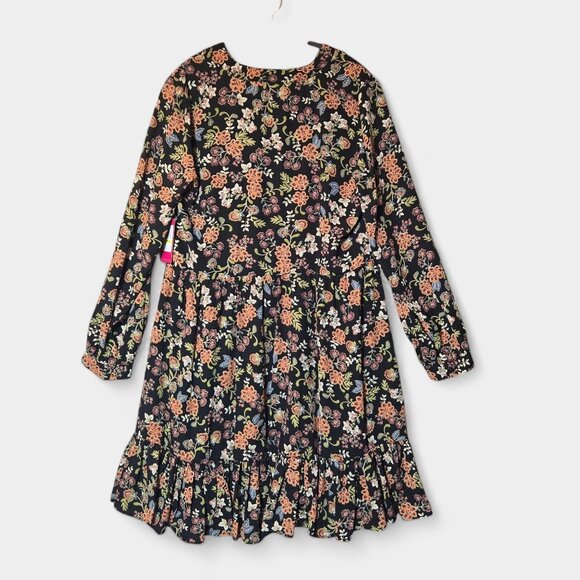 Vince Camuto Floral Print Babydoll Mini Dress M Black Multi Ruffle Fall Boho NWT - Picture 8 of 12